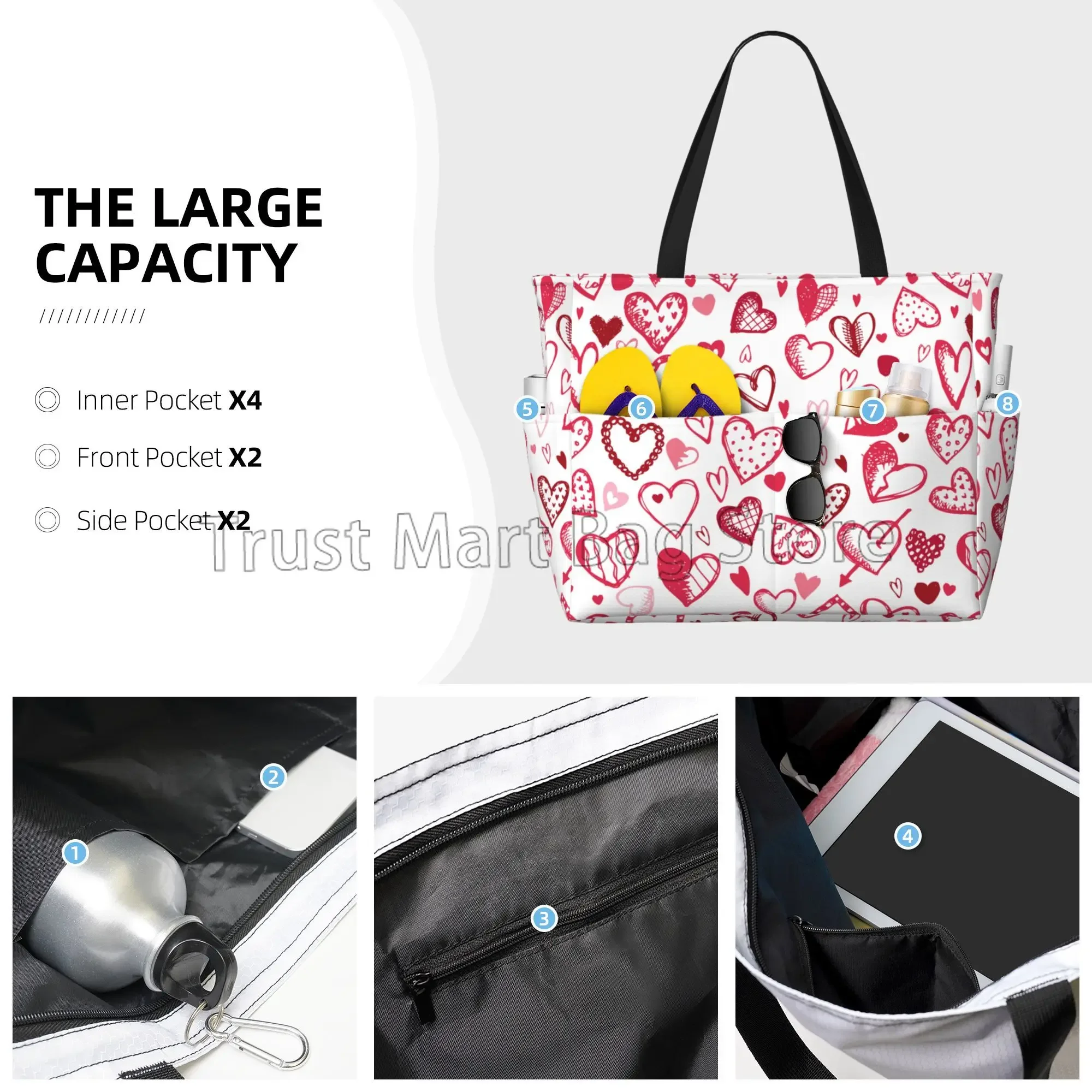 Large Beach Bags Waterproof Sandproof Pink Love Hearts Cute Beach Tote Bags for Women with Zipper for Travel Vacation Swim Gym