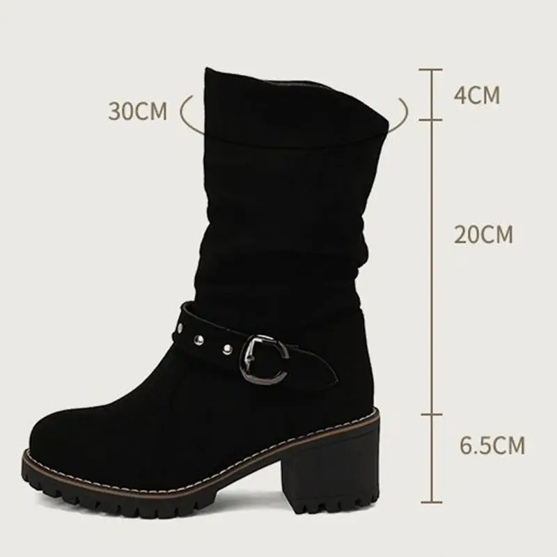 ORCHA LISA Flock Suede Female Mid Calf Boots Round Toe Block Heels 6.5cm Slip On Belt Buckle Big Size 44 45 Elegant Daily Bota