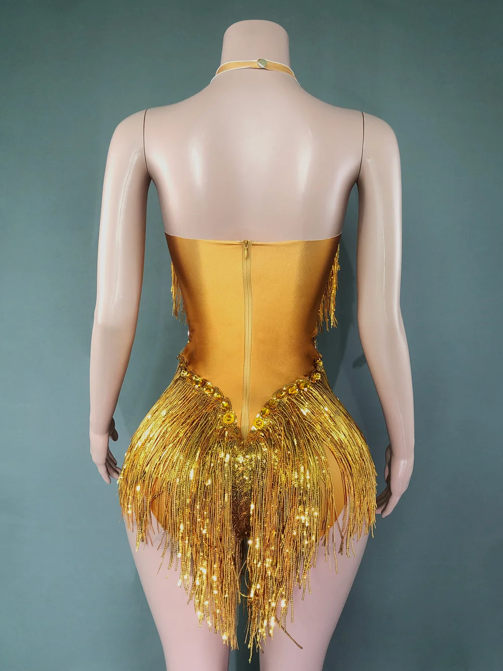 Sparkly Gold Rhinestones Sequins Fringes Bodysuit Sexy Performance Dance Costume  Singer Dancer Show Stage Wear Nightclub Outfit