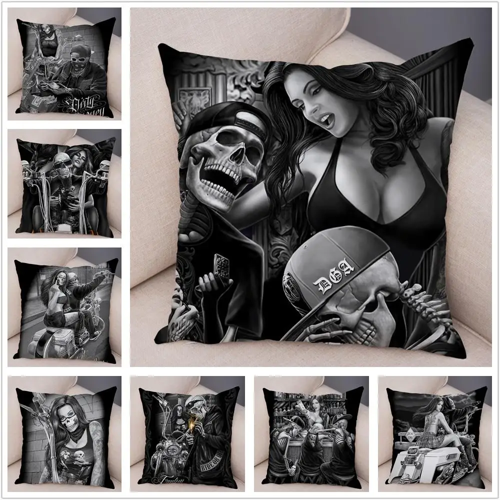 Motorcycle Skull and Sexy Girl Cushion Cover Sofa Home Dead Soul Pillowcase Decoration Polyester Cartoon Pillowcase