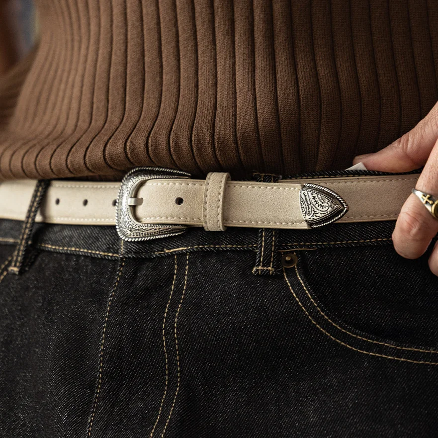 Vintage Western Cowboy Nubuck Top Layer Leather Belt for Men Floral Engraved Metal Buckle Jeans Waist Belt Genuine Leather Belt