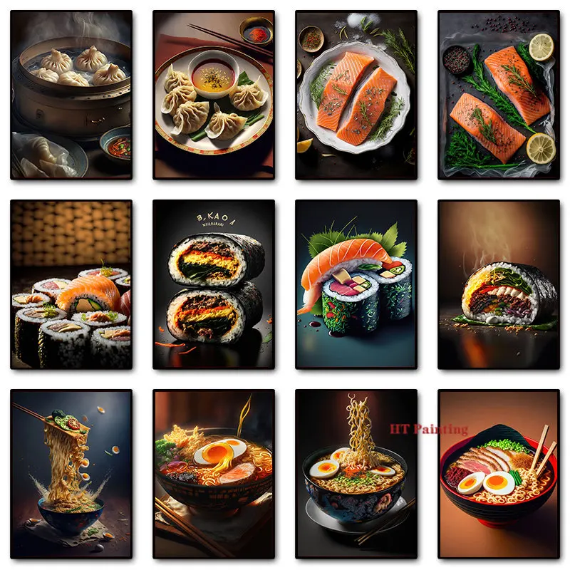 Japanese Food Sushi Salmon Roll Ramen Noodles Caviar Poster Canvas Painting Picture Kitchen Restaurant Dining Hall Home Decor