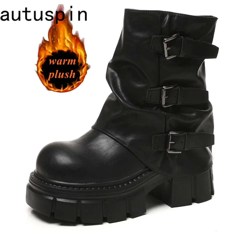 

AUTUSPIN/черные короткие ботинки 8 см, женские зимние теплые плюшевые мотоциклетные ботинки, женские уличные модные женские ботинки в стиле панк с пряжками