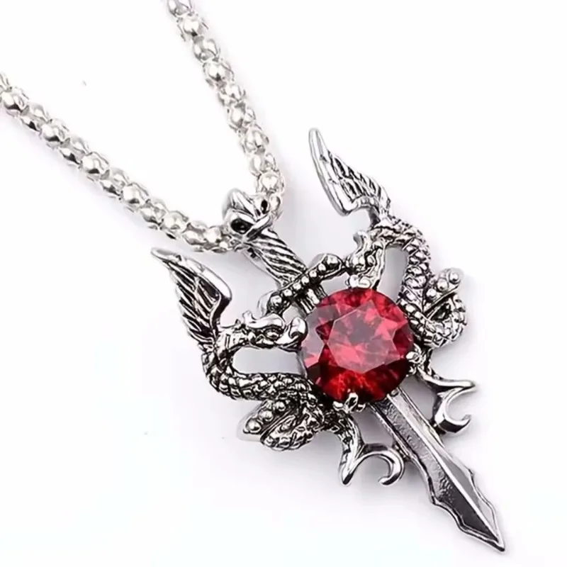 Gothic Dragon Water Diamond Long Necklace Men's Dominant Retro Dragon Necklace Halloween