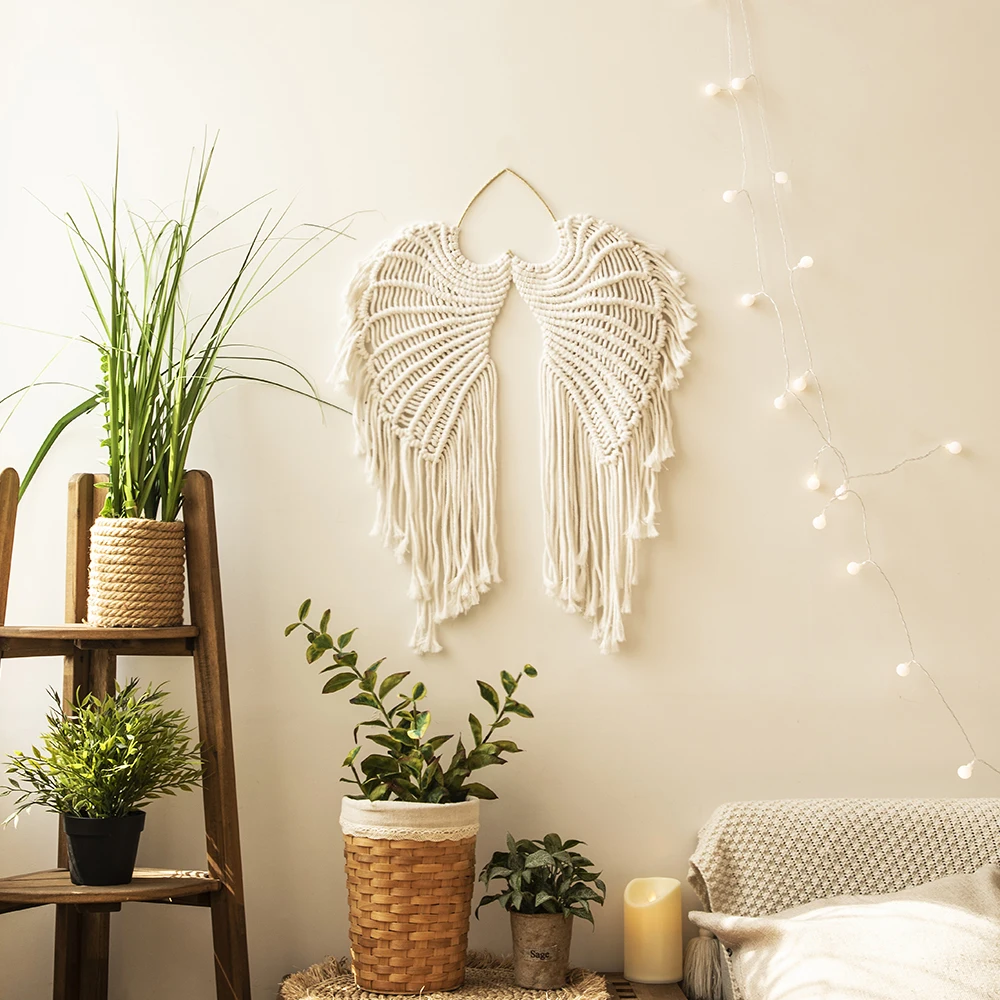 Nordic Angel Wings Macrame Wall Hanging Hand Woven Wall Decor Boho Bedroom Study Decorations Condo Room Pendant Home Decoration