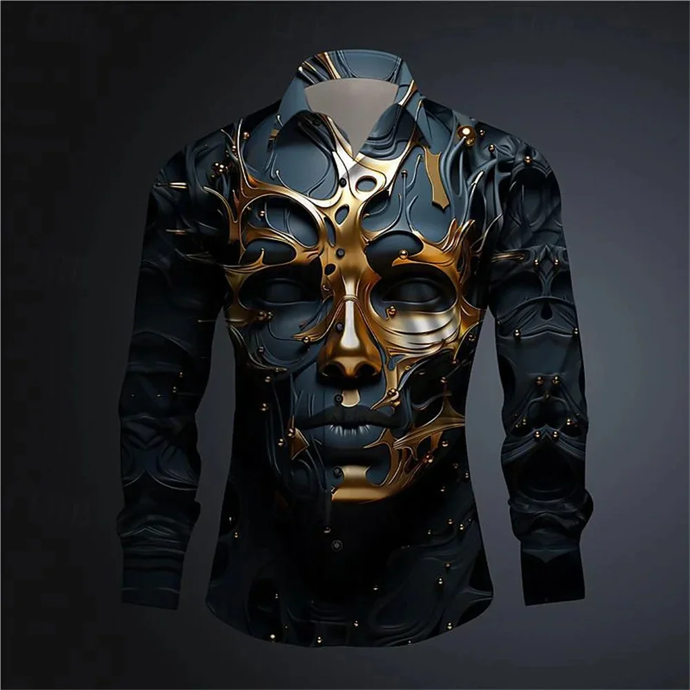 2024 New Men\'s Spring/Summer Long sleeved Polo Collar Cardigan Shirt Ball Club 3D Mask Printed Comfortable Men\'s Clothing