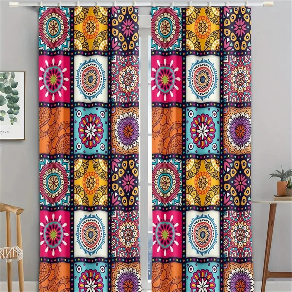 2 Pieces Of Bohemian Patterned Blackout Curtains, Bedroom Window Treatment, Office, Kitchen, Study, Home, Swimming Pool, Entert