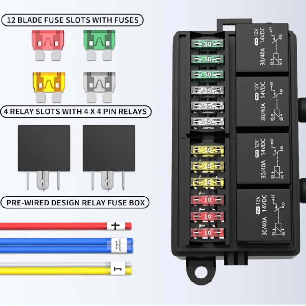 

Prewired 12V Fuse Relay Box with 4 Relays and 12 ATCATO Fuses Front Mount Design for Cars Trucks and Boats Electrical Systems