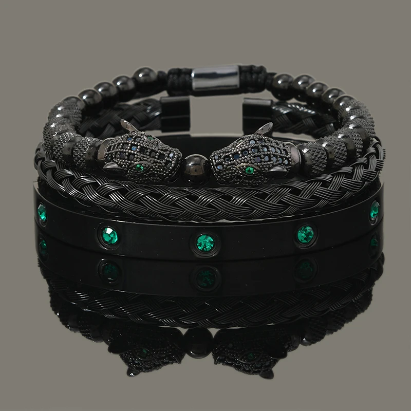 Luxury Set Green Eye Leopard Head Charm Handmade Man Bracelet Crystals Women Stainless Steel Bangles Jewelry