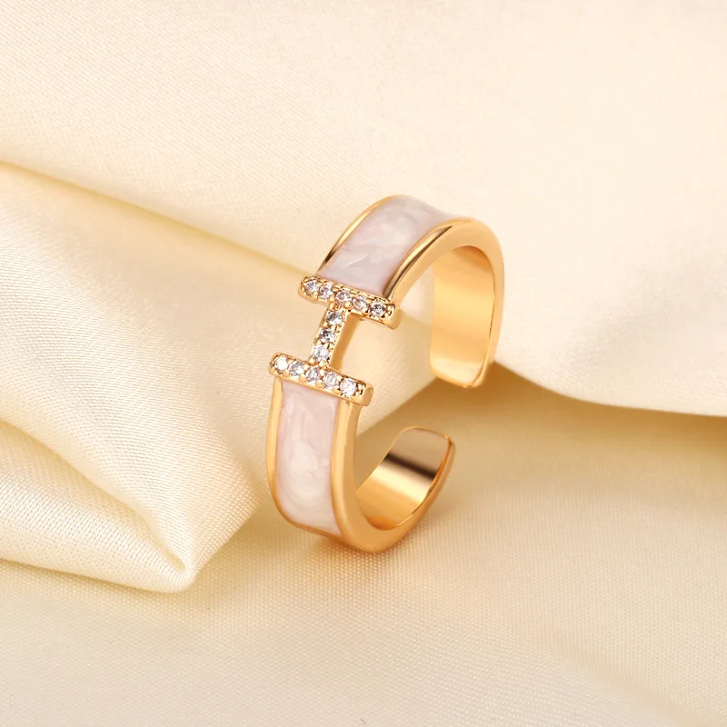 

Minimalist H Letter Ring - White Mother-of-Pearl Adjustable Open Band Gold Plated Dainty Stackable Jewelry for Women