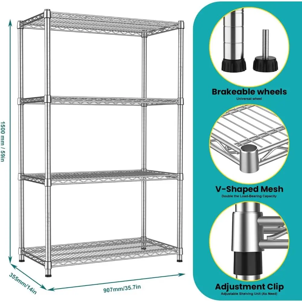 Estante de arame de metal resistente de 4 camadas, unidade de armazenamento resistente ajustável para casa e garagem, comporta até 2200 libras