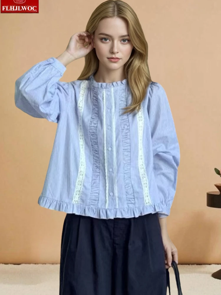 

Cotton Blends Tops Blouses Retro Cute Chic Korea Women Japan Style FLHJLWOC Design Vintage Peter Pan Collar Lace Shirt Blouse