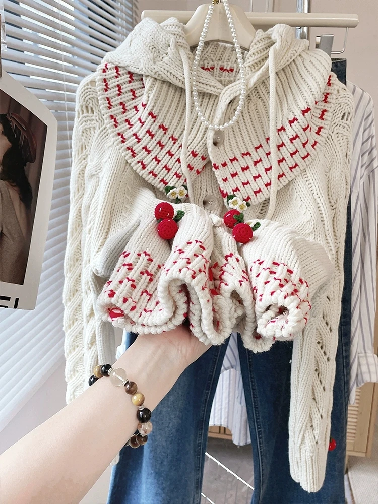 

Корейский стильный вязаный свитер-худи с цветными блоками для женщин, осенне-зимний, свободный, молодежный, игривый, с заниженной линией плеча, кардиган-пальто