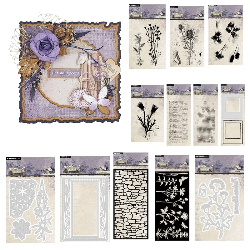 Флораи ветки, камни, ботанический силуэт, цветы, металлические штампы, силиконовые штампы, трафарет для скрапбукинга, фотоальбом