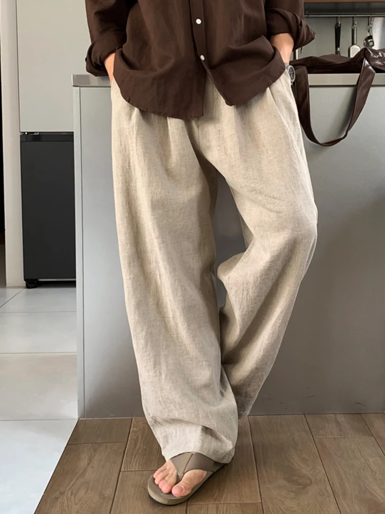 

Summer Thin Cotton Linen Lazy Floor-Length Pants Korean Loose Straight Casual Pants Simple Long Pants Wrinkle Elastic West Pants