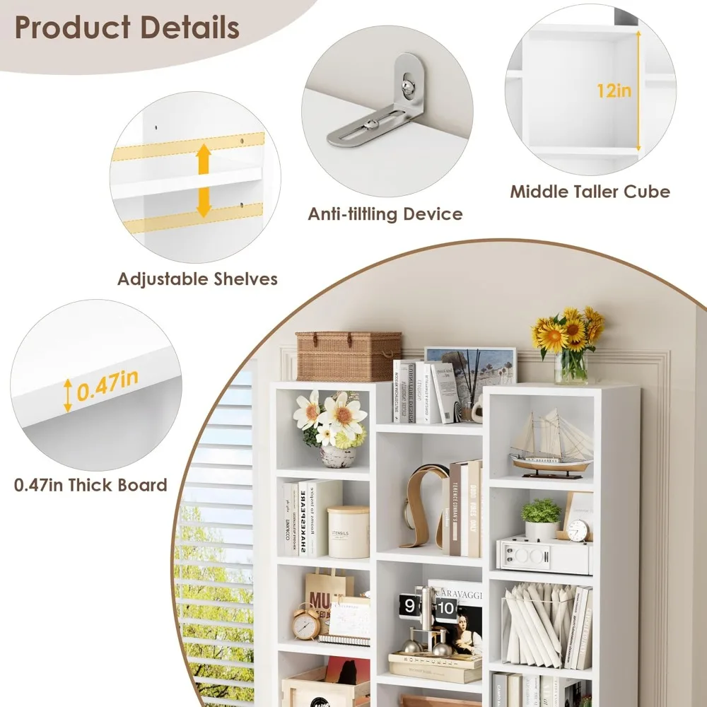 رف كتب ثلاثي واسع باللون الأبيض مع 8 أرفف قابلة للتعديل، وبرج تخزين أقراص CD DVD، وخزانة عرض للمكتب المنزلي #6