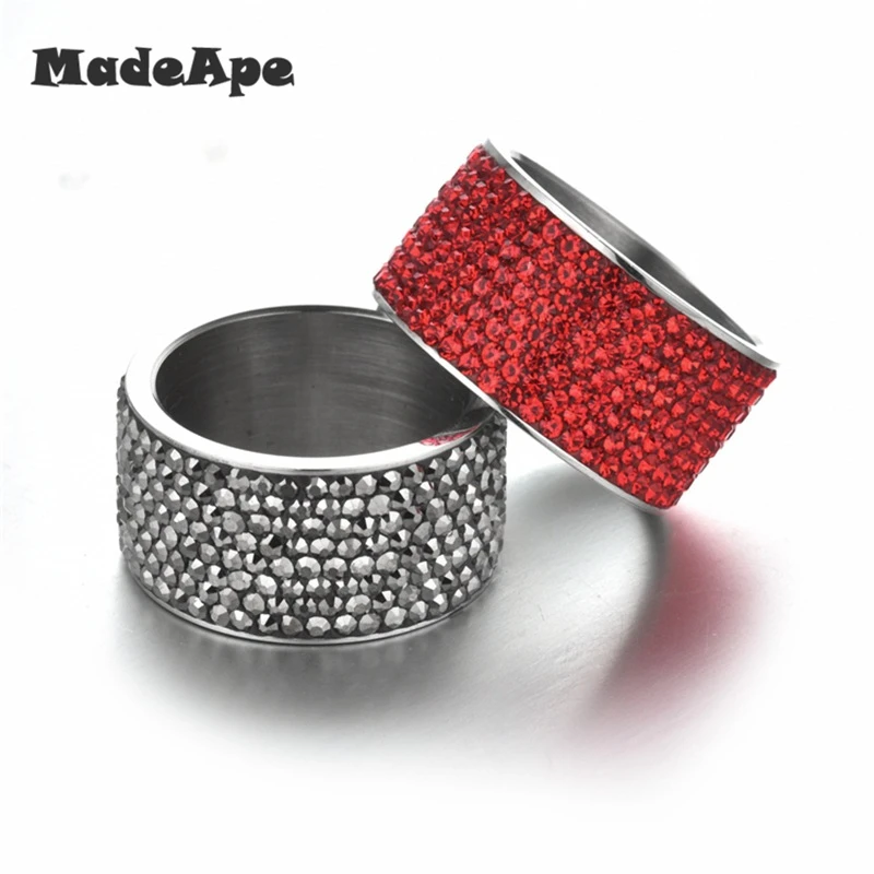 MadApe White Blue Red Green Zircon Wedding Rings For Women Stainless Steel 8 Row Crystal Cubic Zirconia Girl Jewelry