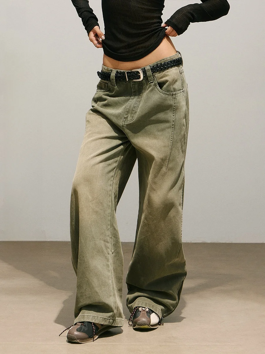 

Женские джинсы в стиле ретро-американский кэжуал, хлопок, широкие штанины, с завышенной талией, свободного кроя, осенне-зимние, длинные брюки