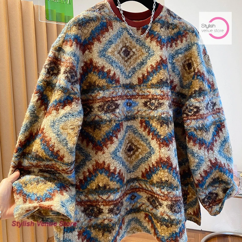 

French style Firth Island lamb sweater women's autumn and winter long loose western style retro Joker lazy wind cover bottom top