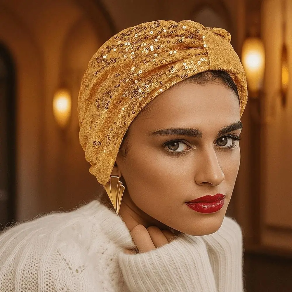 

Элегантный мусульманский тюрбан с блестками в Рамадан, однотонный головной убор, хиджаб, шляпа, повязка на голову, женская повязка на голову, женская повязка на голову