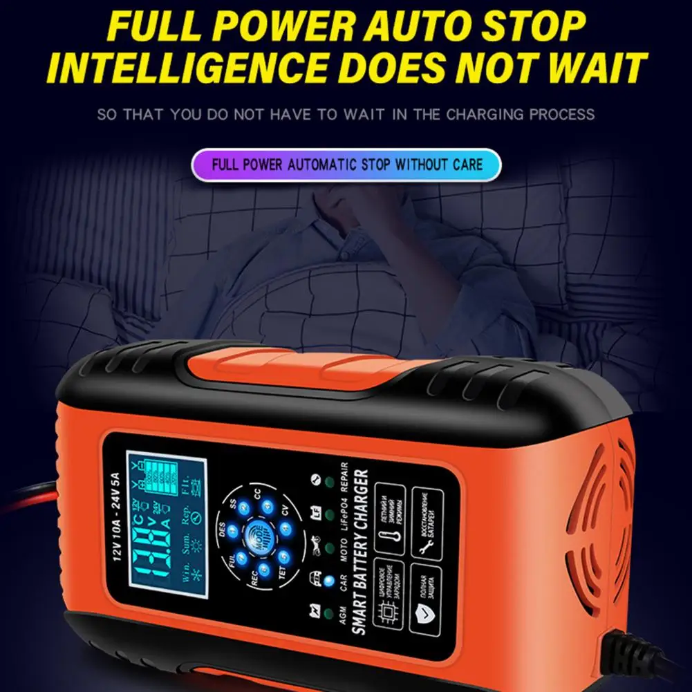 Quick Car Battery Charger 12V/24V 10A Intelligent Trickle Maintainer Delivers 7 Stage Charging With LCD Display