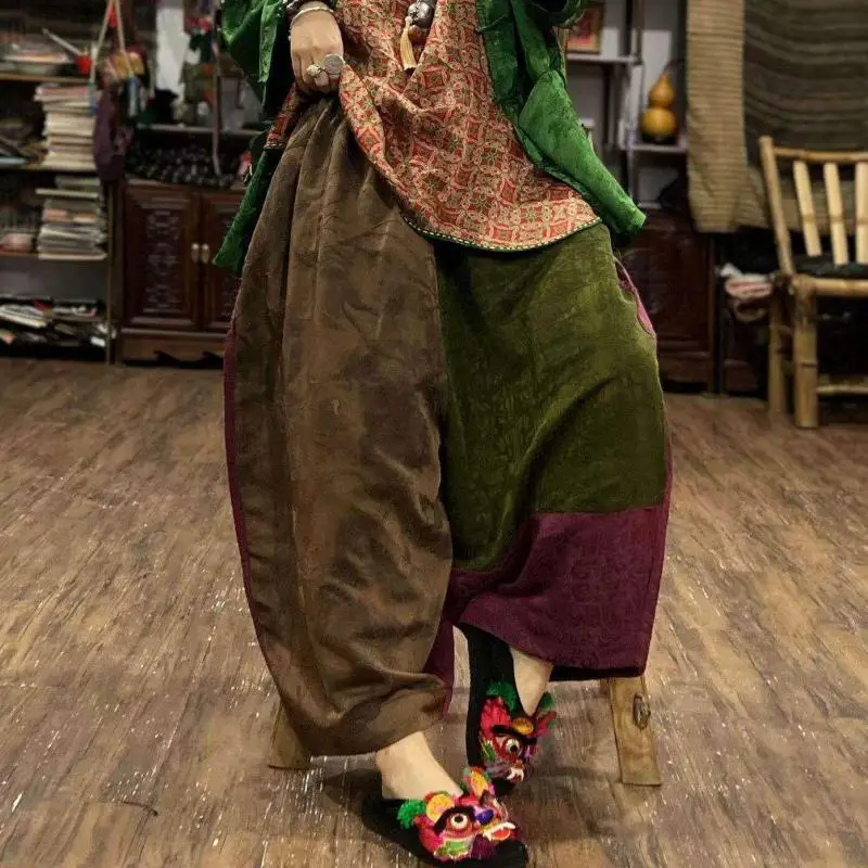 2026 Spring Summer Arts Style Women Elastic Waist Loose Ankle-length Pants High Quality Patchwork Vintage Jacquard Harem Pants