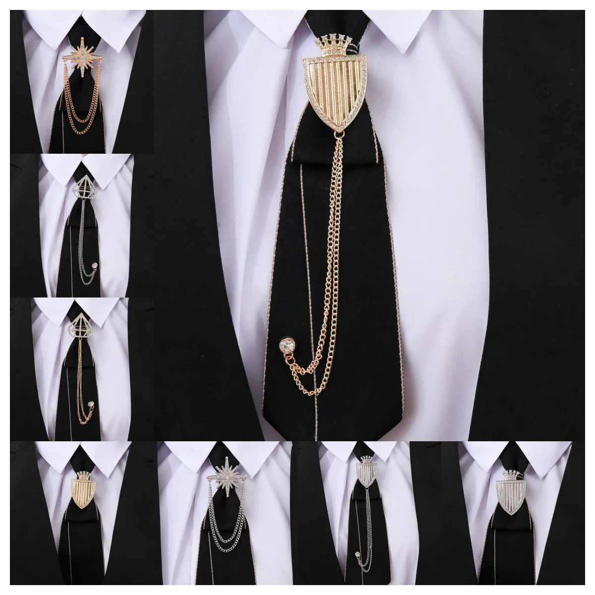 New Korean Fashion Crown Brooches for Women and Men Star Rhinestone Tassel Chain Lapel Pins Exquisite Jewelry Accessories