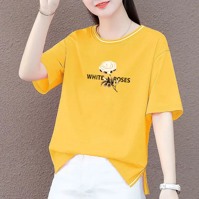 Summer Fashion Rose Split Hem T-shirt Women High Quality O-collar Short Sleeve Loose Cotton All-match Lady Casual Classic Top