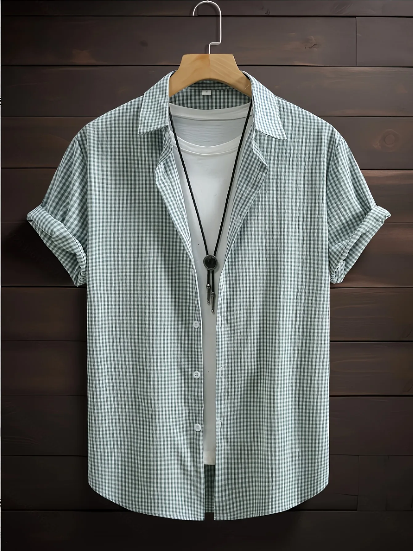 Men's Japanese Style Black and White Checkered 3D Printed Short-Sleeved Shirt Suitable for Everyday Casual Beach Wear in Summer.