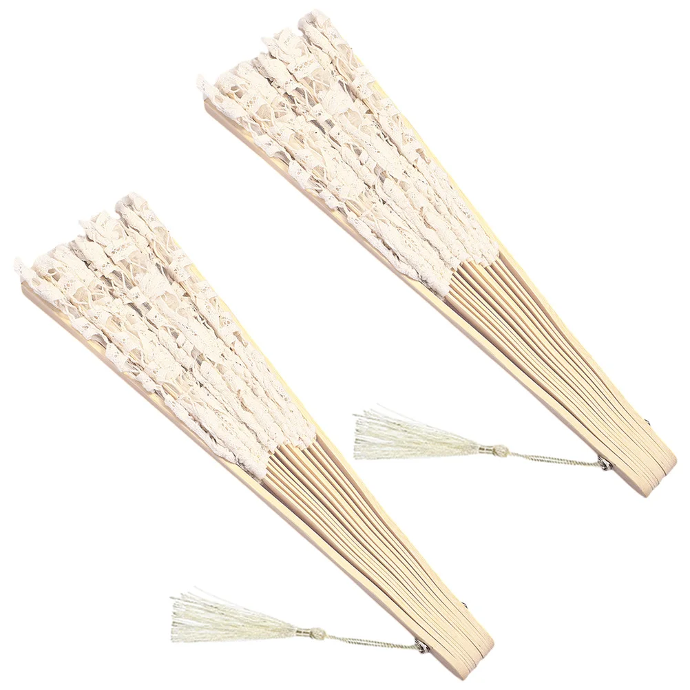 

2pcs Palace Fan Bamboo Bone Foldable Fans Vintage Handheld Lace Wedding Party Accessories Portable Dancing Photography Props