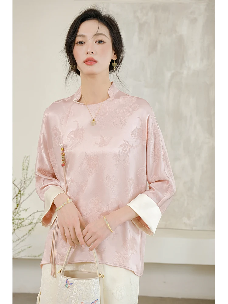 

Новая женская блузка в китайском стиле для весны и лета, оригинальная, в национальном стиле, розовая, из ацетата, плиссированная, с цветочной вышивкой, улучшенная модель B