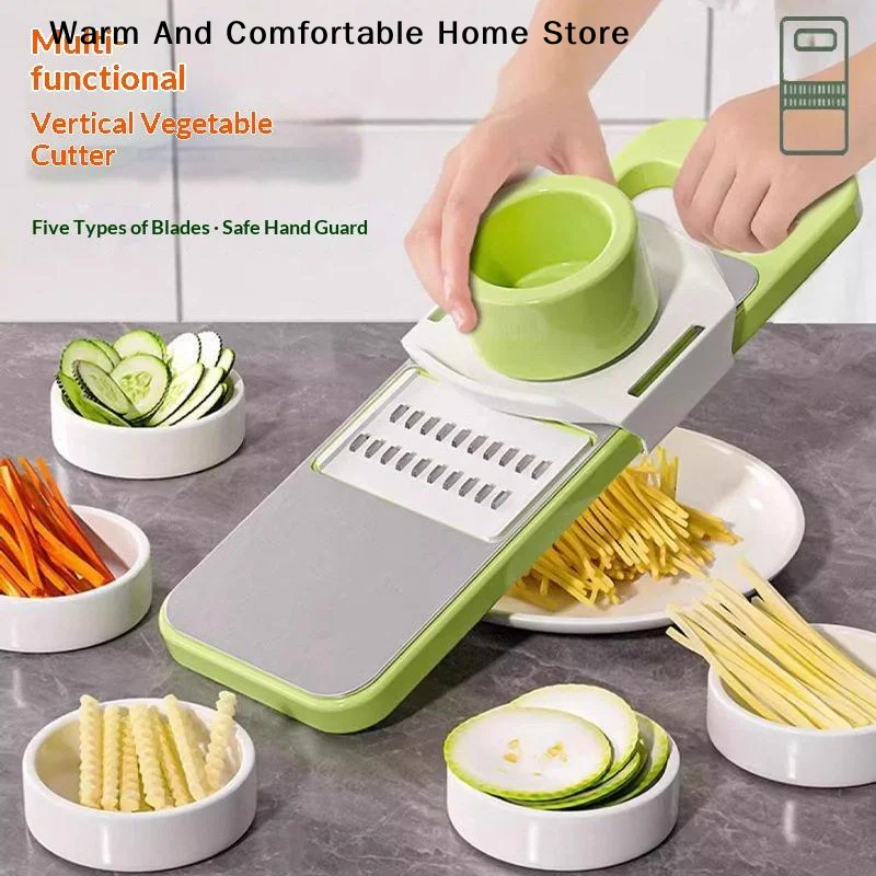 【W】6 IN 1 Stainless Steel Vegetable Cutter Multifunction Slicer 5 Blades Combo Peeler Garlic Vegetable Shredder Kitchen Shredder