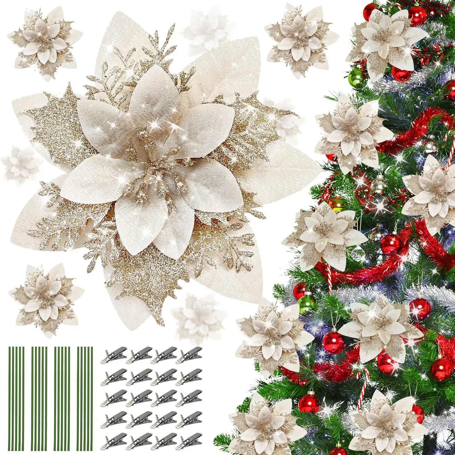 20 pièces de fleurs et couronne de noël artificielles: rouge/champagne/blanc/or, clips de montage et support inclus, nouvel an 2025 2026