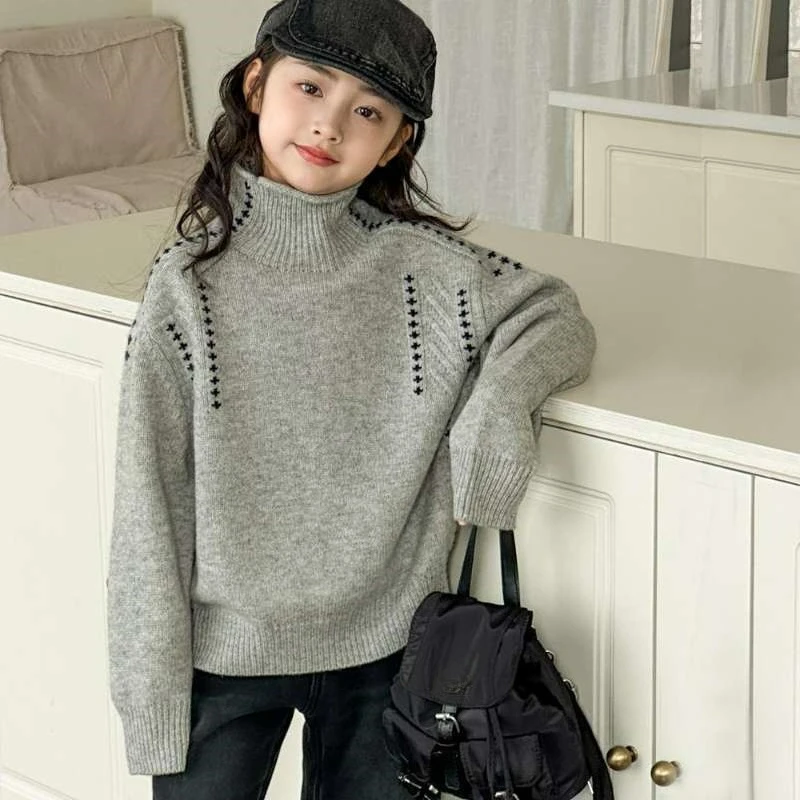 

2026 Girls' Sweater Autumn Winter Fashionable High Neck Inner Knitted Sweater Wool Blended Thick Base Sweater