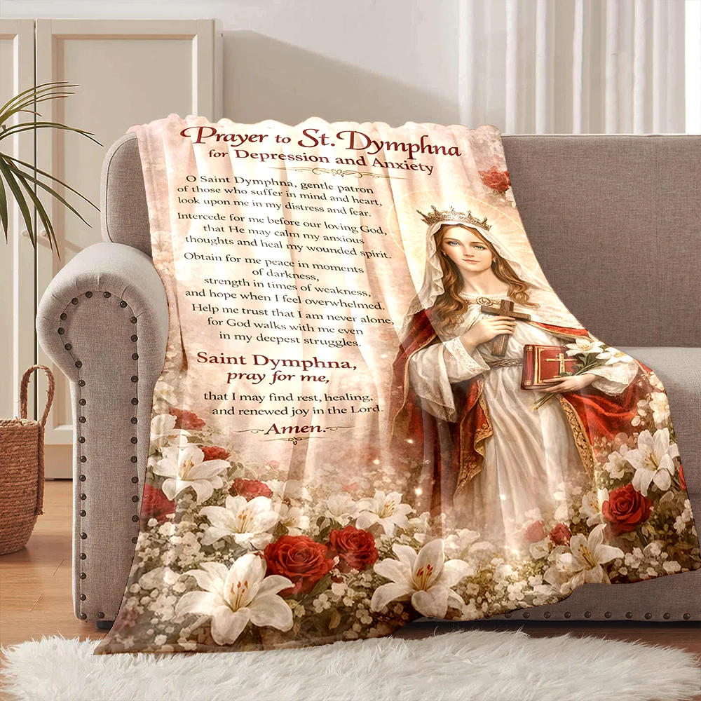 1PC Prayer St. Dymphna anxiety Faith-printed Flannel Blanket Soft and Warm Suitable for Home Travel Picnics Camping and RV Use