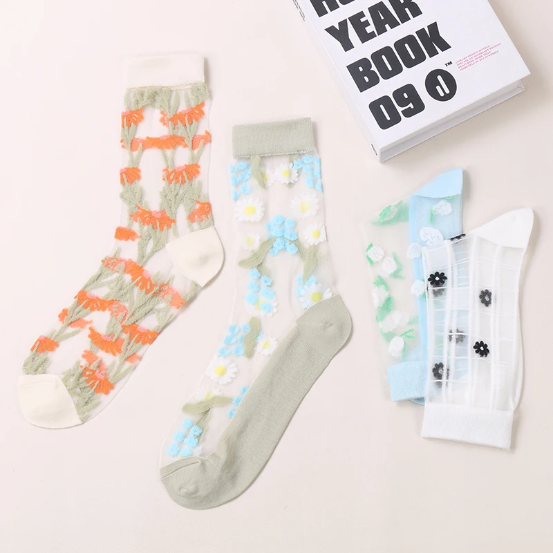 DONG AI Cartoon Flower Ultrathin Glass Silk Sock Japanese Korea Style Casual Creative Transparent Crystal Silk Trend Women Socks