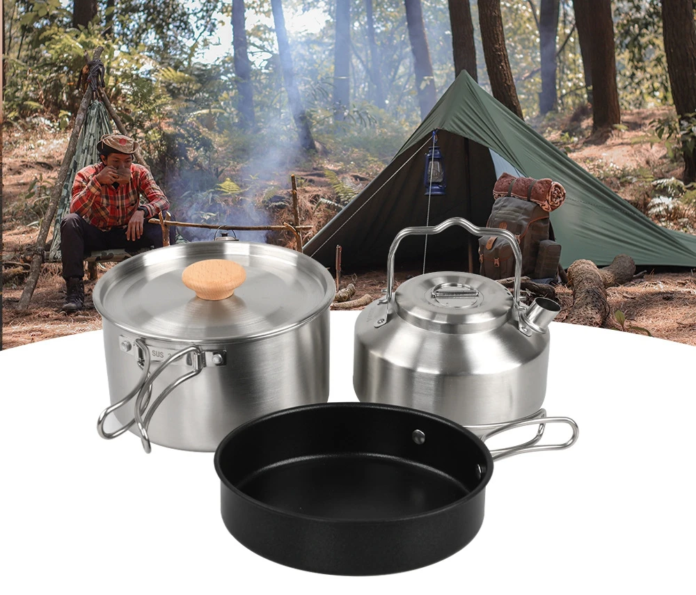 Outdoor Camping Cookware Set 304 Stainless Steel Camp Pot, Pan & Kettle Portable Camping Tableware Kit for Camping Picnic Hiking