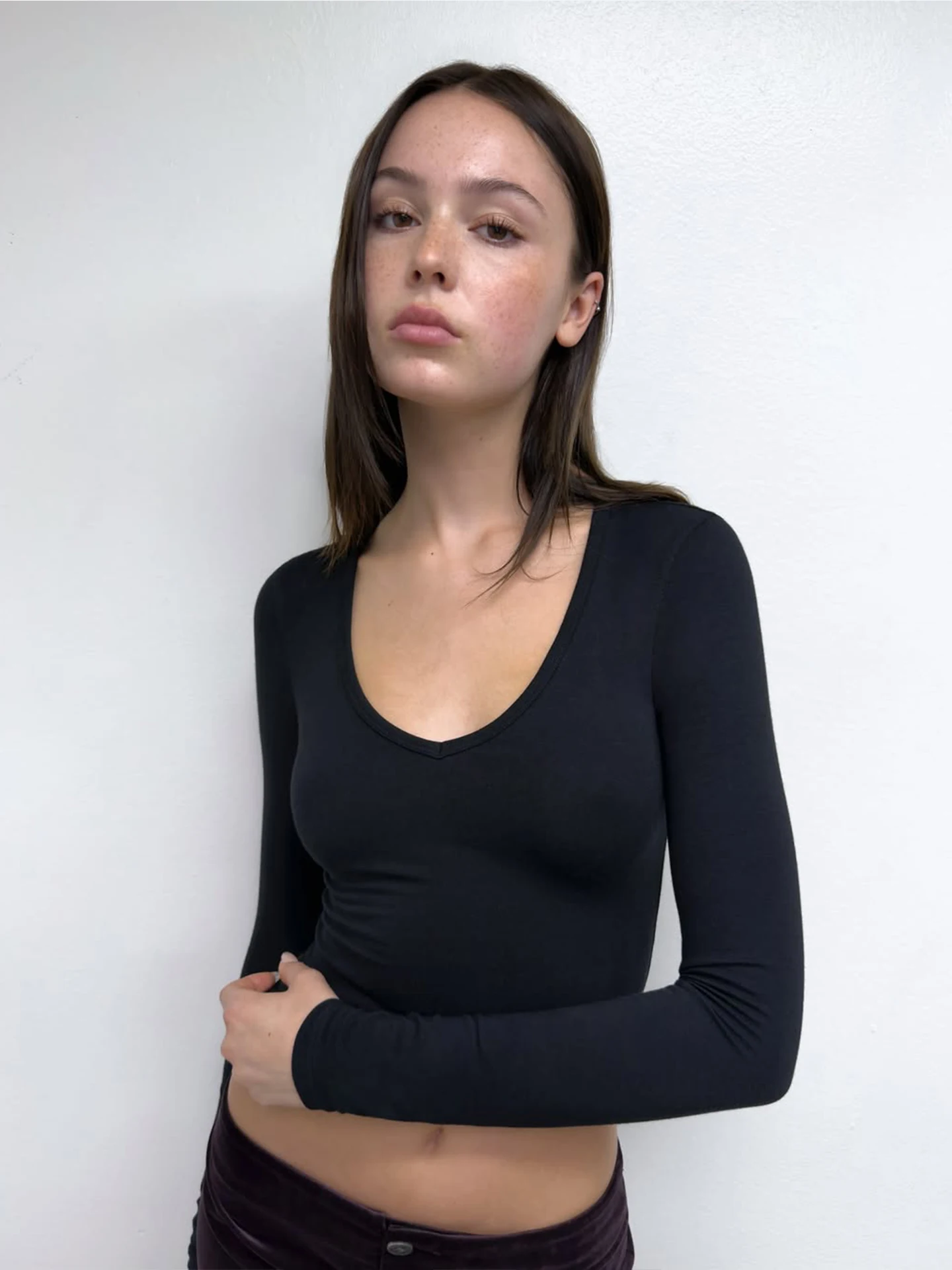 Tank New Grape Purple V-Neck Slim Long-Sleeve Cotton-Spandex Series Solid Color Waist-Cinching Cut Base Layer Top