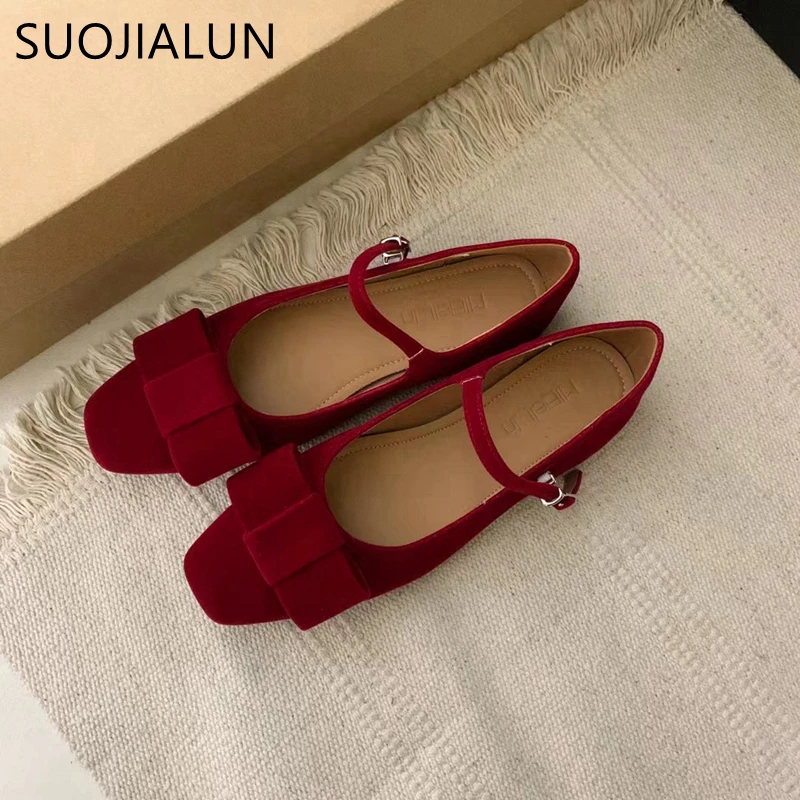 SUOJIALUN 2024 Spring New Women Flat Shoes Fashion Red Bow-knot Ladies Elegant Ballerinas Shoes Round Toe Dress Mary Jane Shoes