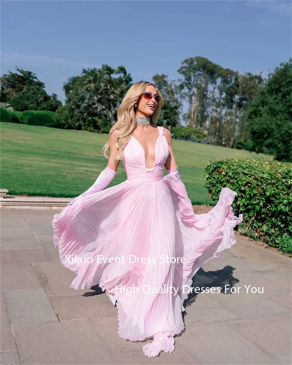Xikuo 우아한 핑크 쉬폰 이브닝 가운 라인 딥 브이 넥 Sukienki Wieczorowe Damskie 여름 Pleated 파티 드레스 맞춤형