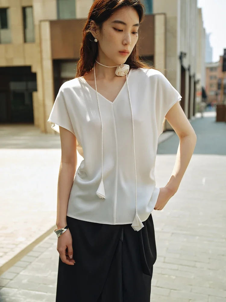 DUSHU Women White Blouse Commuter Simple Acetate Thin Female V-Neck Beige Short Sleeve Shirts Office Lady Summer Tops 24DS82672