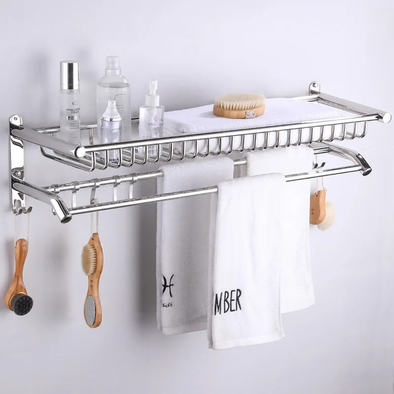 Towel Rack 304 Stainless Steel 2-Layer Storage Rack Bathroom Clothes Rack Bath Drying Towel Bathroom Pendant