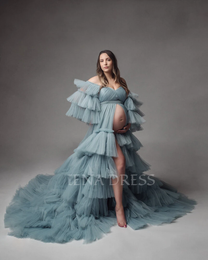 custom Dark Blue Tulle Maternity Gown for Photoshoot Open Front Baby Shower Dress Vintage Pregnancy Photography Dresses#18707