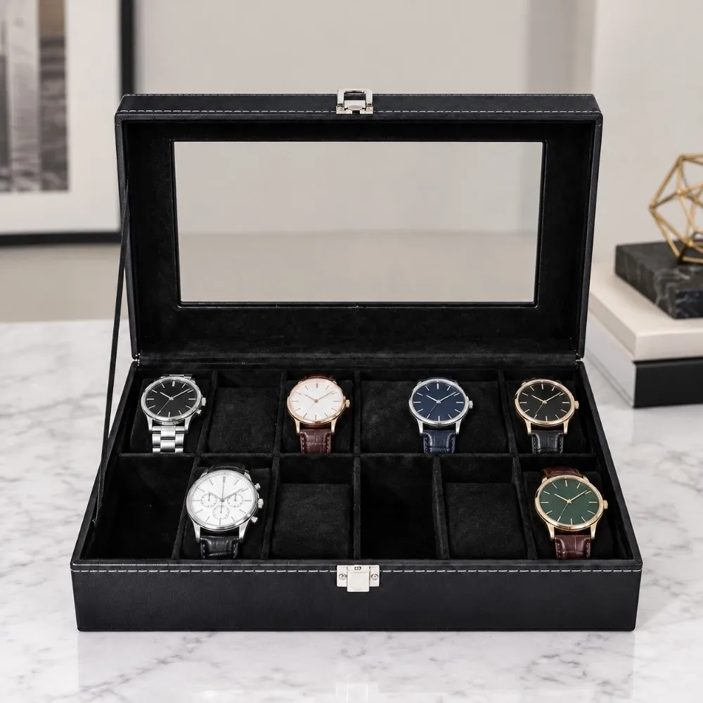 PU Watch Storage Box With Glass Lid 12 Slots Watch Display Case Multi-Compartment Classical Watch Box Organizer storage