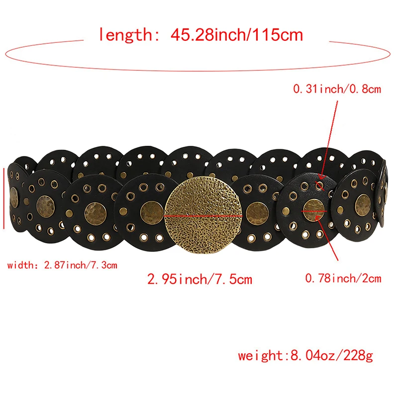 115cm Women Vintage Personality Disc Belt Hollow-Out Metal Waistband Jeans Dress Sweater Decorative Adjustable Belt