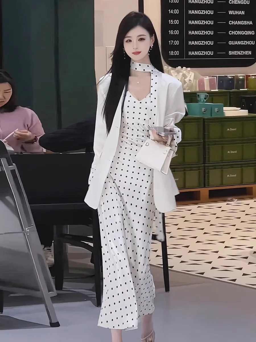 

Ele белый костюм с манжетами в горошек, женский модный весенне-осенний элитный топ, уникальный дизайн, женская верхняя одежда
