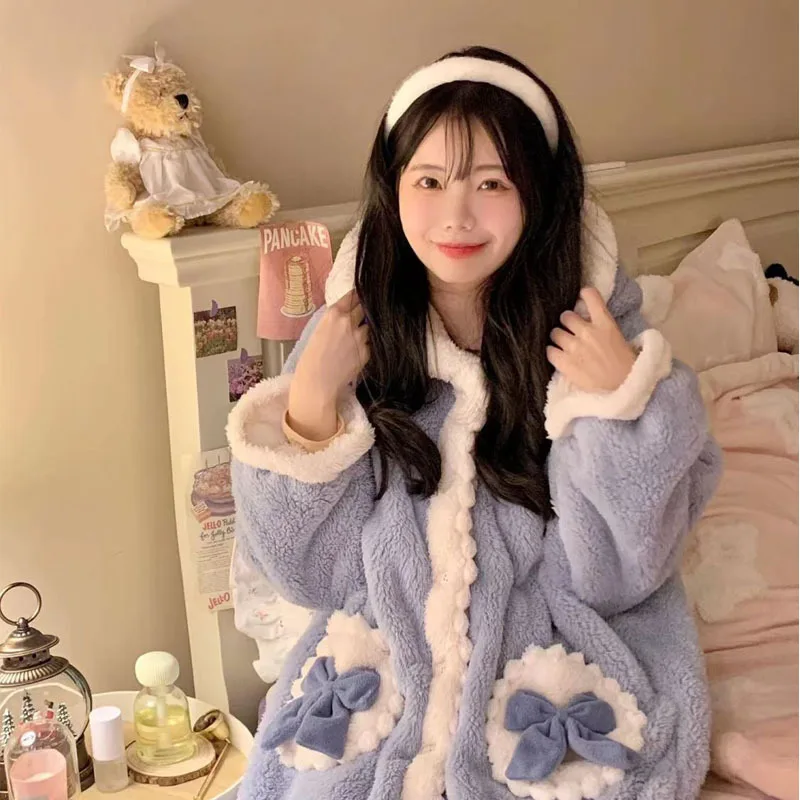 Bow Robe for Women Sleepwear Nightdress Winter Night Wears Cute Fleece Pajama One Piece Nightgown Hooded Long Sleeve Homewear