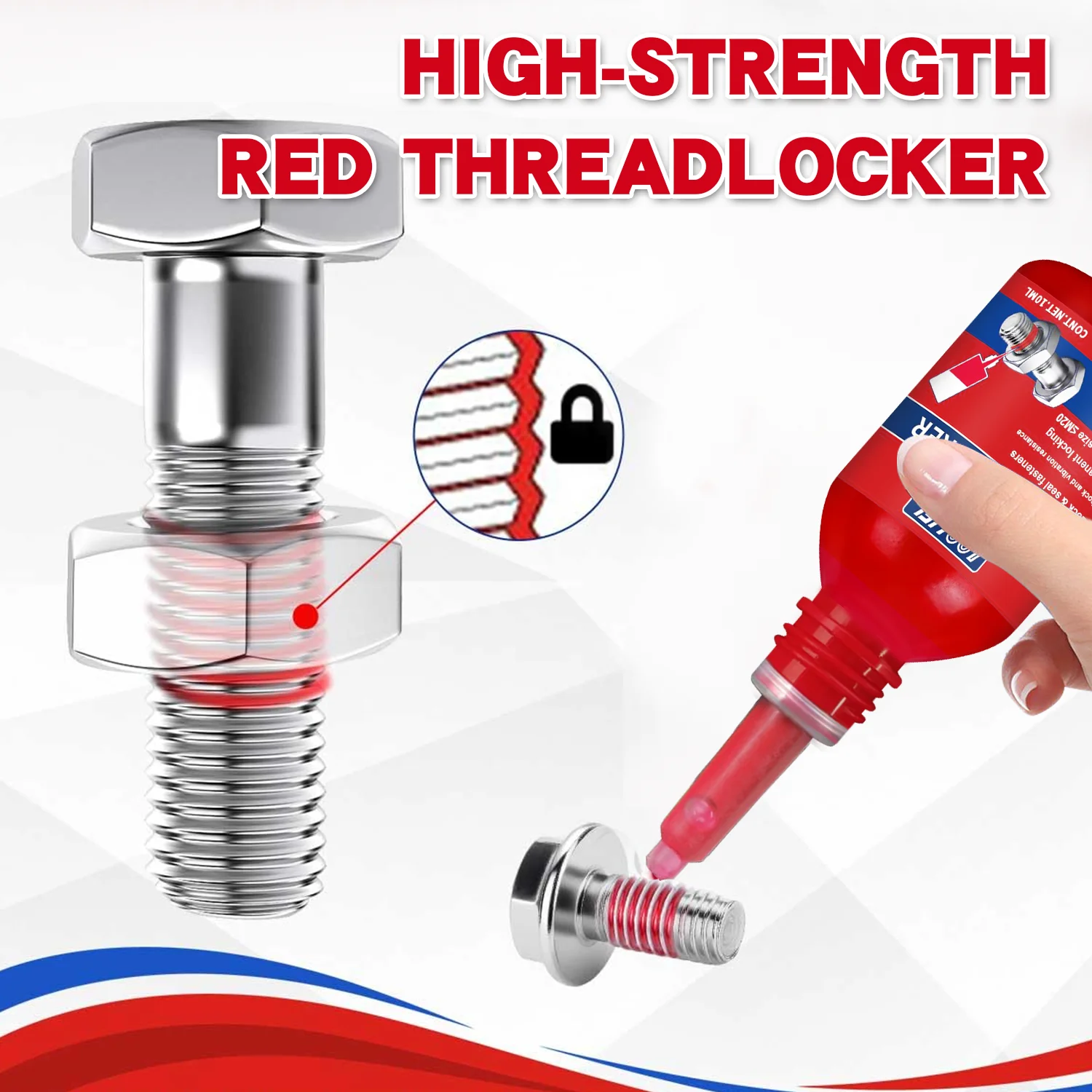LOOLIFL, thread-locking adhesive, anaerobic glue, metal fastening adhesive for nuts and bolts, blue medium strength, red high strength, anti-loosening, anti-rust, oil-resistant.