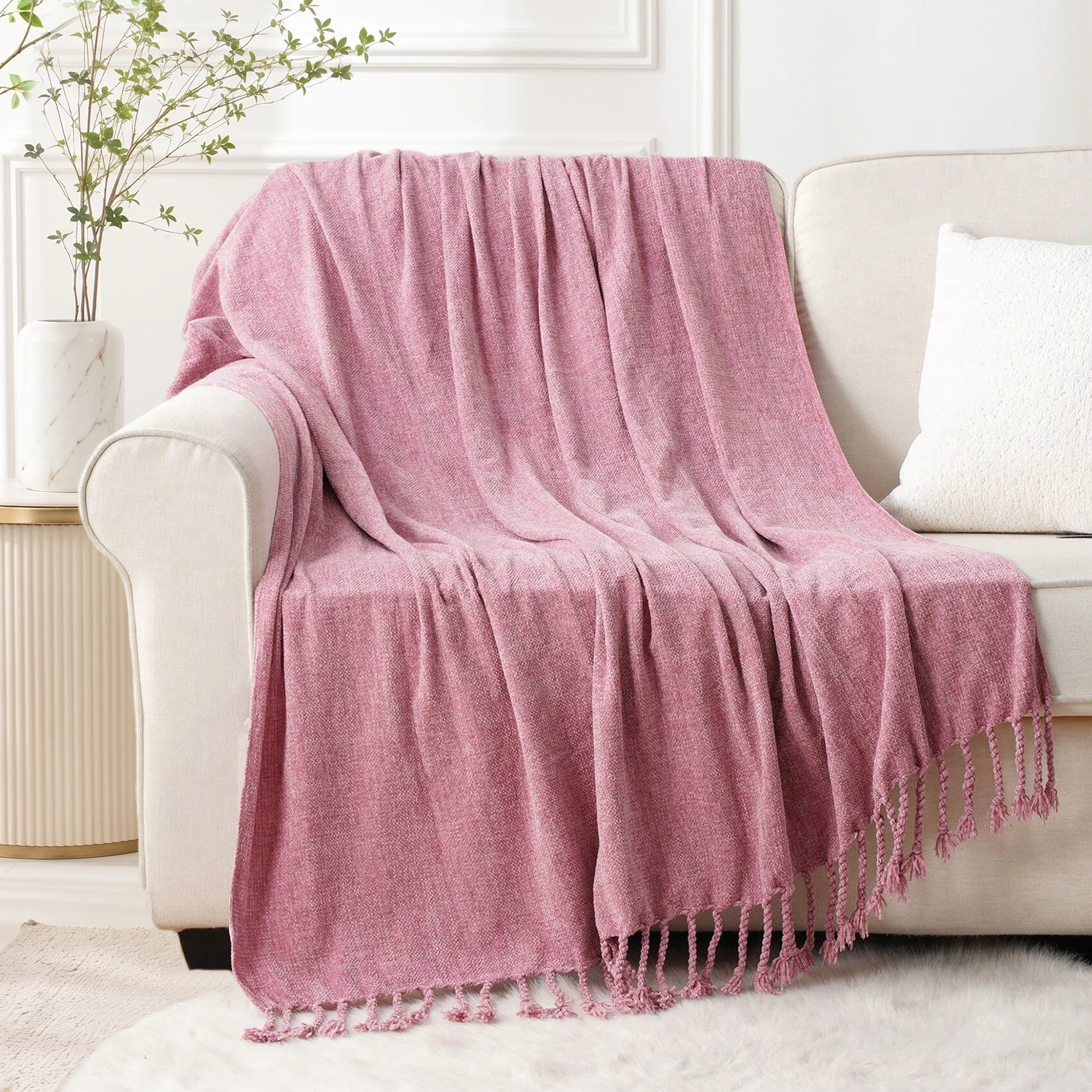 Battilo Chenille Throw Blanket With Fringe Tassels Decorative Lightweight Sofa Blanket Soft Cozy Knit Throws for Spring Decor