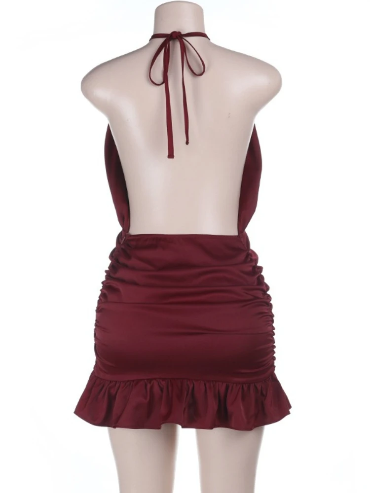 SsTss 新作サマーサテンワンピース 無地 タイアップ ホルターネック オフショルダー バックレス ラッフルヘム ミニスリップドレス Y2K ホットガール ナイトアウトドレス